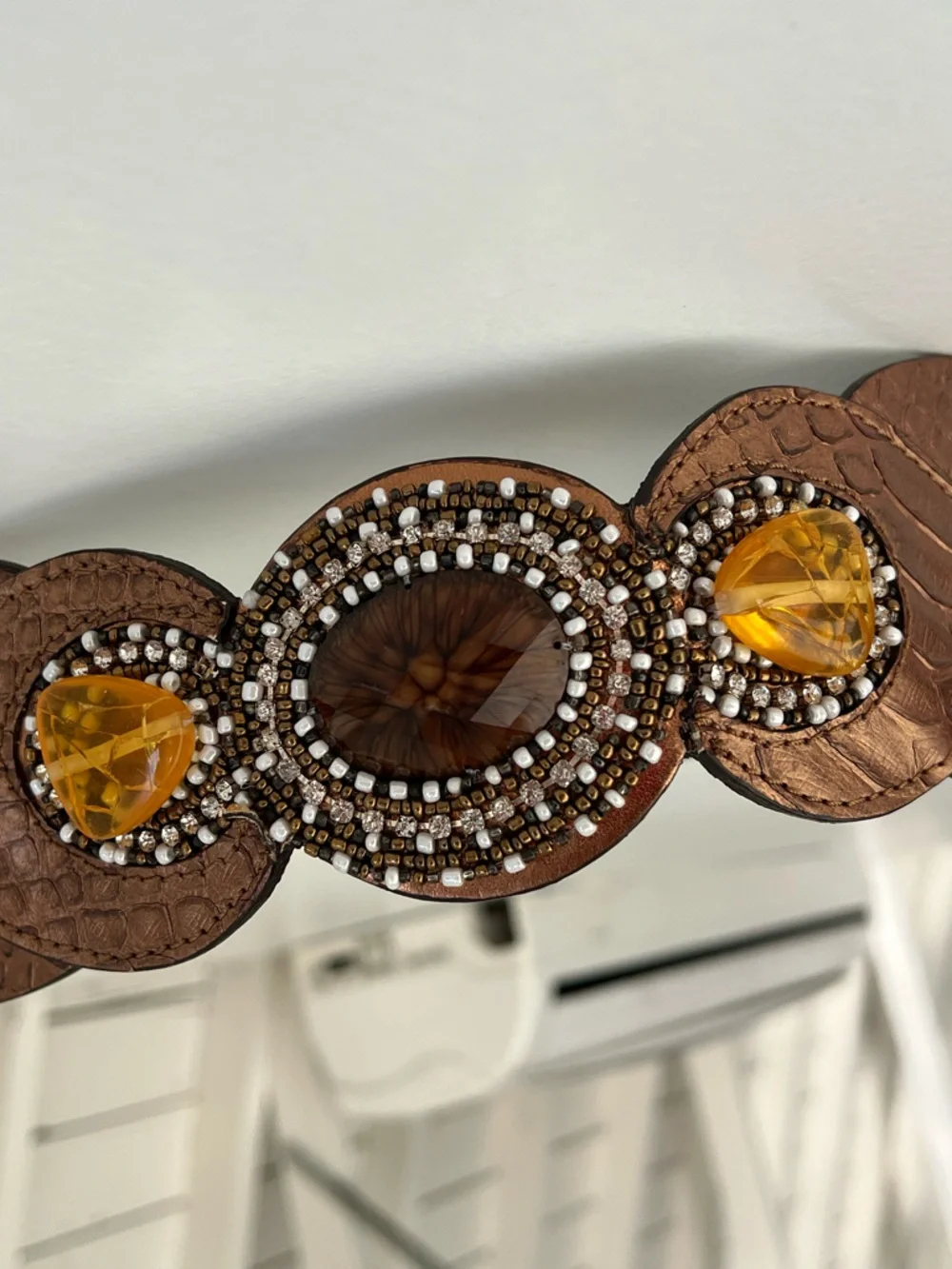 Chico’s Brown Embossed Leather Statement Belt Beaded Gem‎ Wide M
